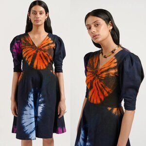 BUSAYO Dammi print skater dress tie dye cotton denim fit flare puff sleeve $485